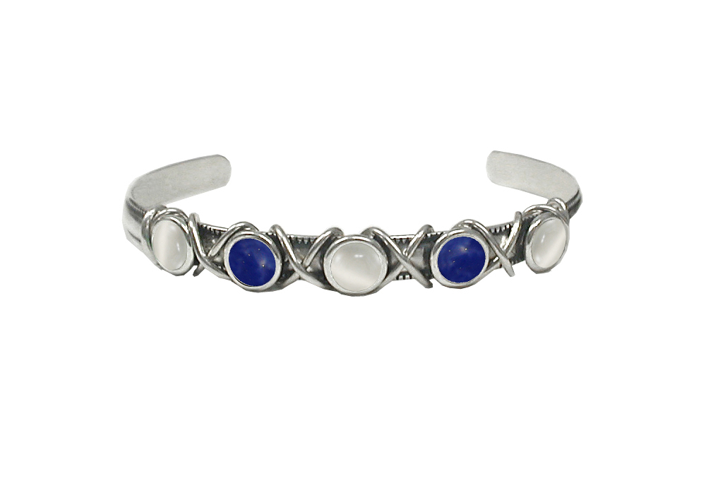 Sterling Silver Cuff Bracelet With White Moonstone And Lapis Lazuli